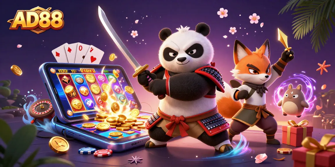 Experience thrilling gameplay at AD88 with a vibrant 3D casino scene featuring dynamic characters and games.
