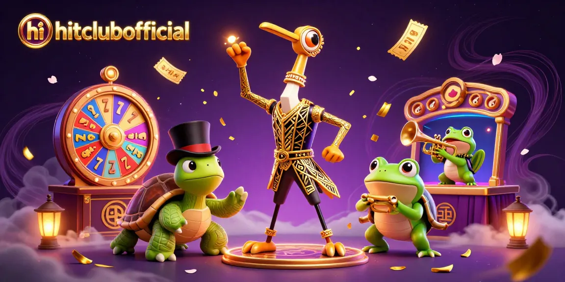 Play games at hitclubofficial with colorful slot reels and vibrant characters in a rich casino scene.