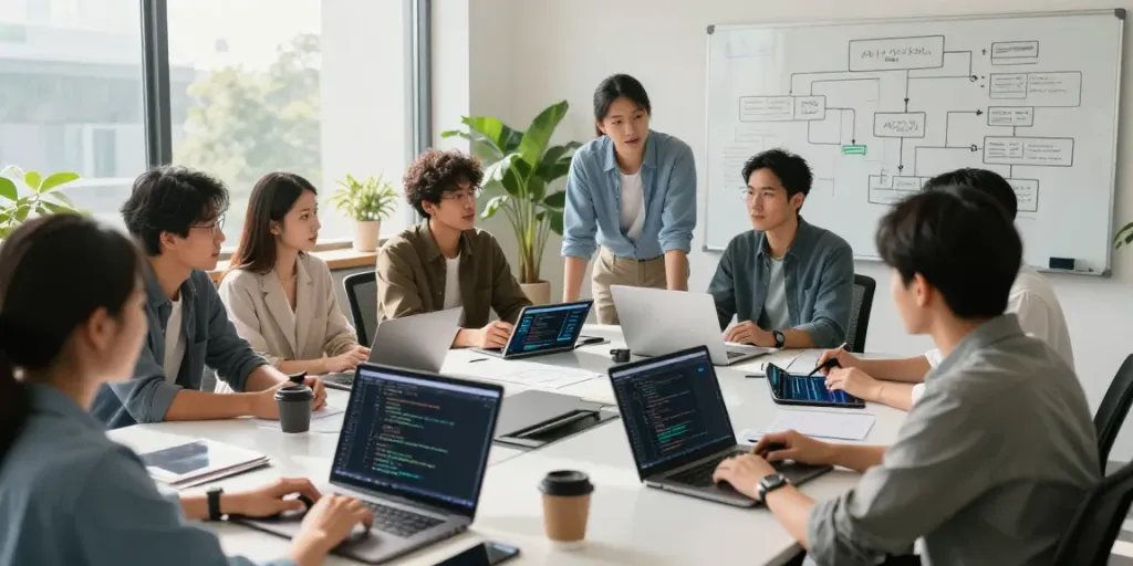 Team brainstorming enterprise AI solutions in modern workspace.