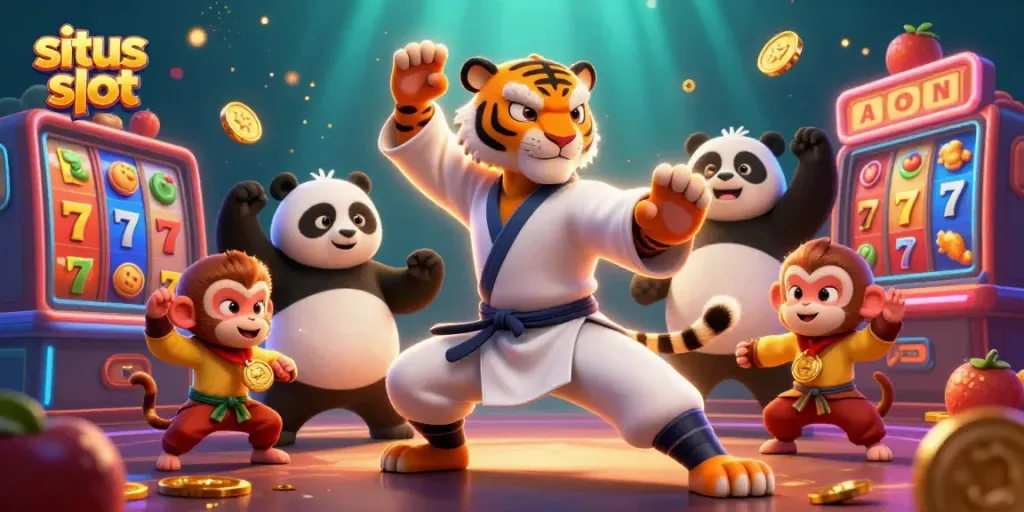 Experience the excitement at situs slot with a dynamic scene of a kung fu tiger master and friends amidst colorful slot elements.