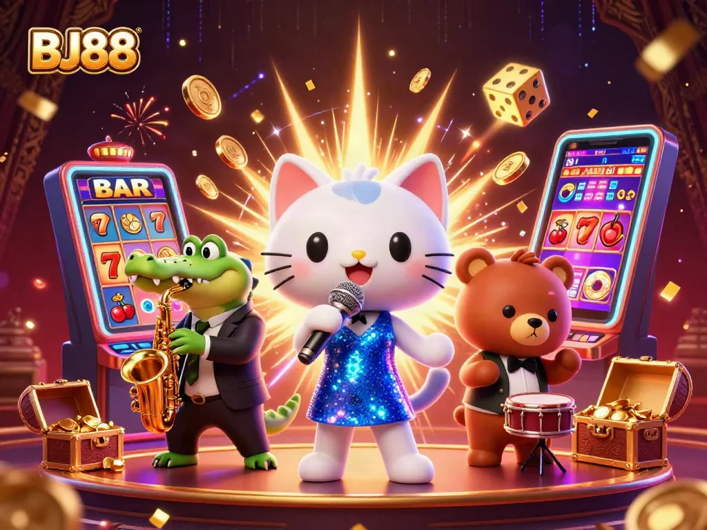 Experience the thrill of BJ88 casino with a vibrant 3D illustration of characters celebrating a jackpot.
