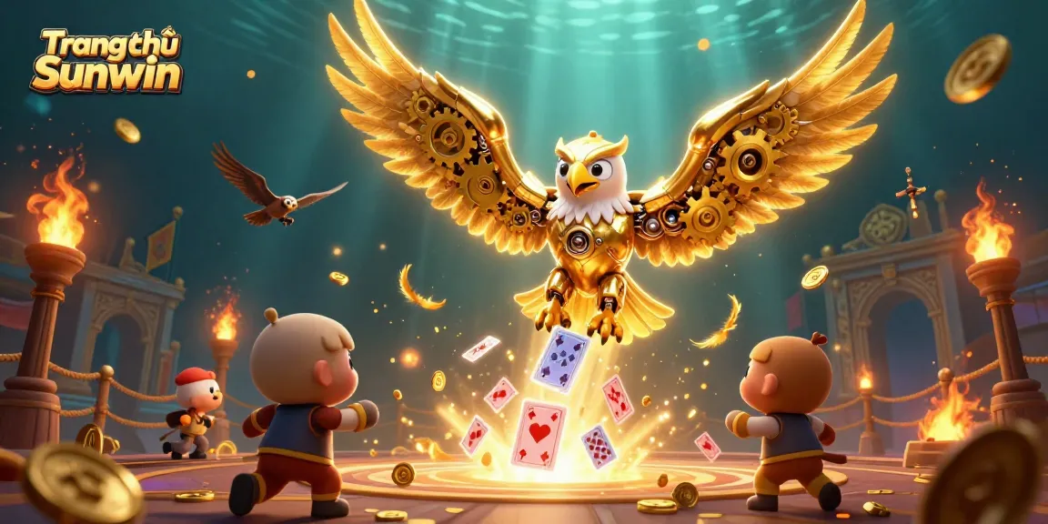 Engage with thrilling gameplay as you discover Trang chủ Sunwin, featuring a cybernetic eagle amidst cards and gold.