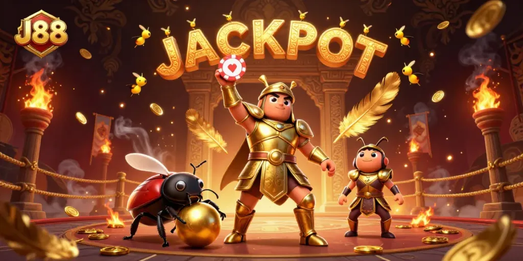 Win big with J88 in this vibrant 3D casino scene featuring a victorious beetle and golden gaming elements.