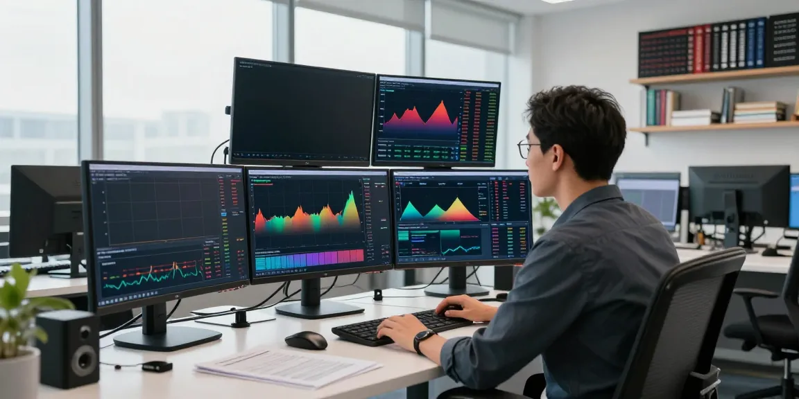 Trader engaging with MetaTrader 5 analytics on multiple screens in a modern office.