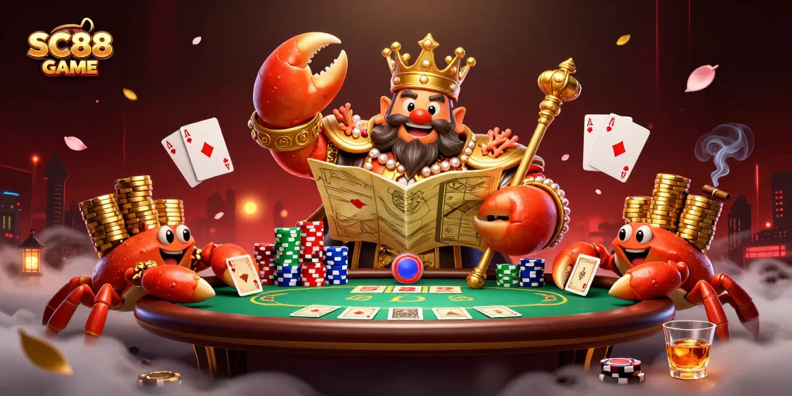 Engage in SC88 GAME with a vibrant scene featuring a crab emperor ruling over treasure and poker elements.
