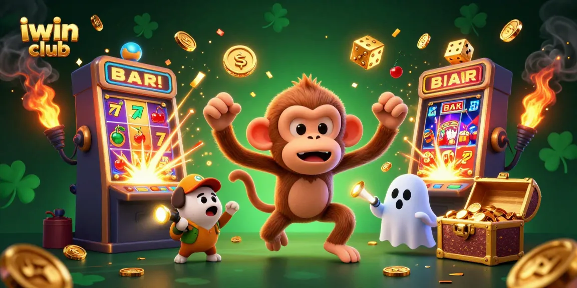 Engage with thrilling iwin club casino games featuring a mischievous monkey and a curious puppy.