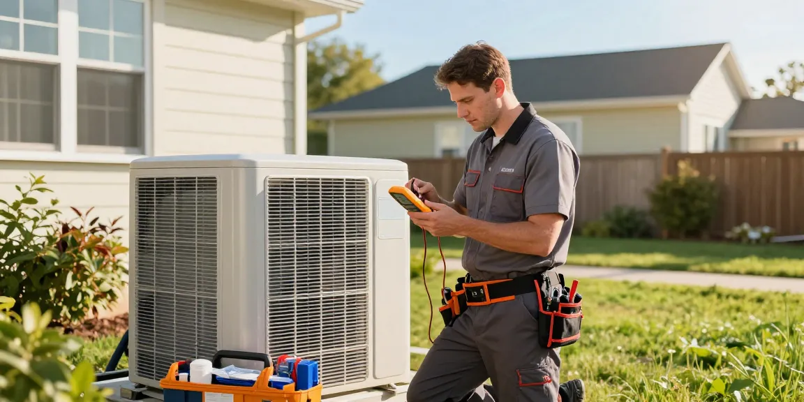 HVAC SEO company technician analyzing AC unit outdoors, ensuring optimal service quality.
