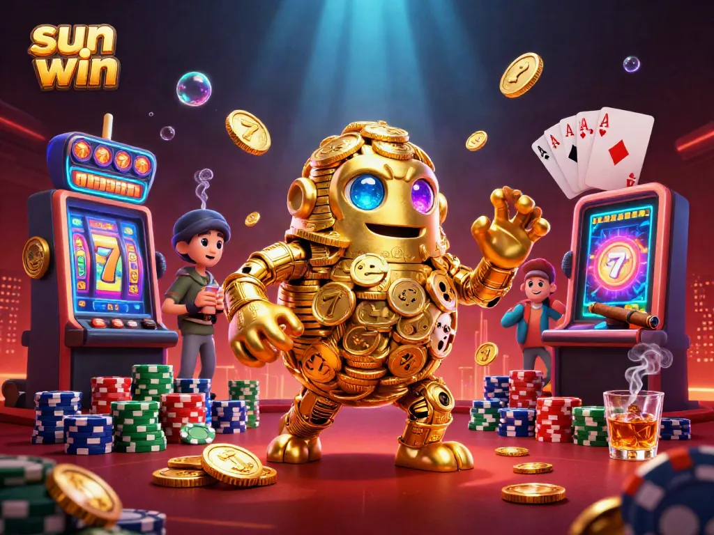 Engage with a vibrant casino world featuring sun win elements like gold coins, jackpot reels, and poker chips.