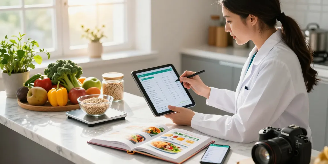Nutritionist exploring the best food tracking app while analyzing fresh ingredients in a sunny kitchen.