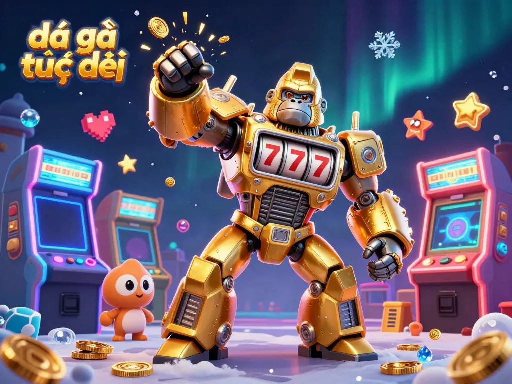 Experience engaging đá gà trực tiếp action with a dynamic mech gorilla and festive gaming elements.