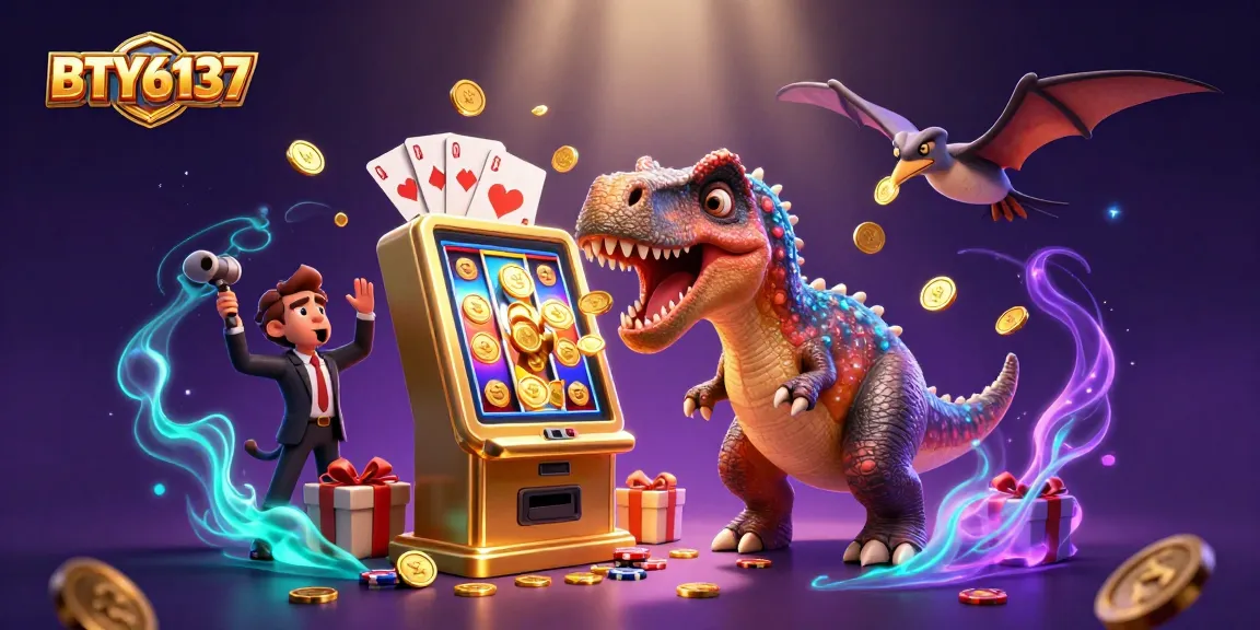 BTY6137 showcases a pachycephalosaurus winning jackpots while a casino manager panics amidst flying coins