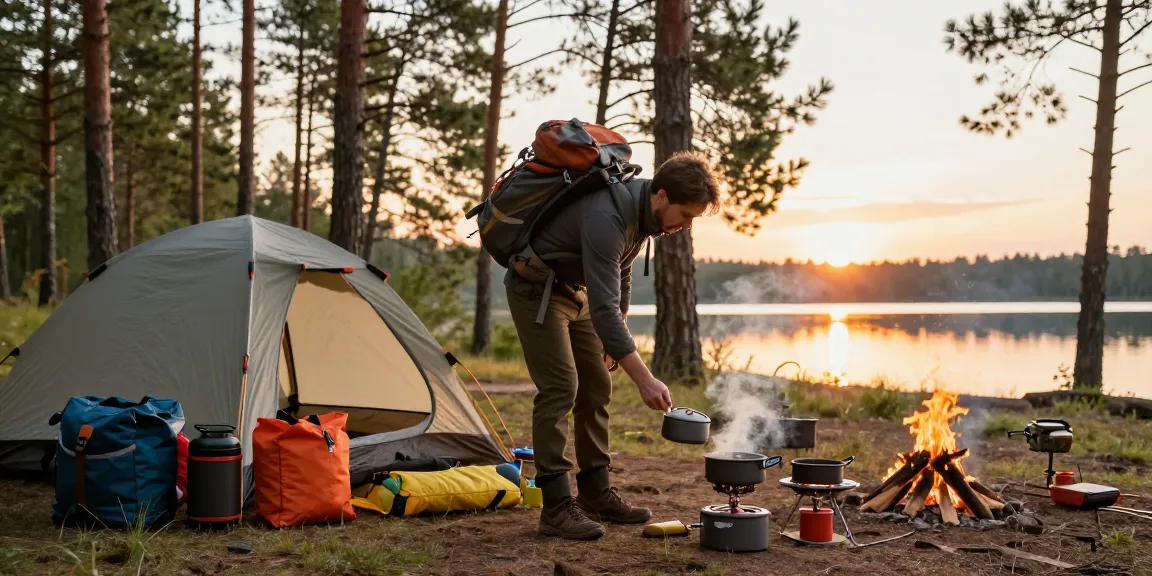 Person setting up camping gear at sunset, showcasing rokok 88 adventure essentials in a scenic outdoor location.