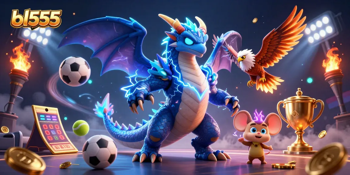 Engage with the dynamic gaming action at bl555 featuring a thunder dragon and vibrant sports elements.