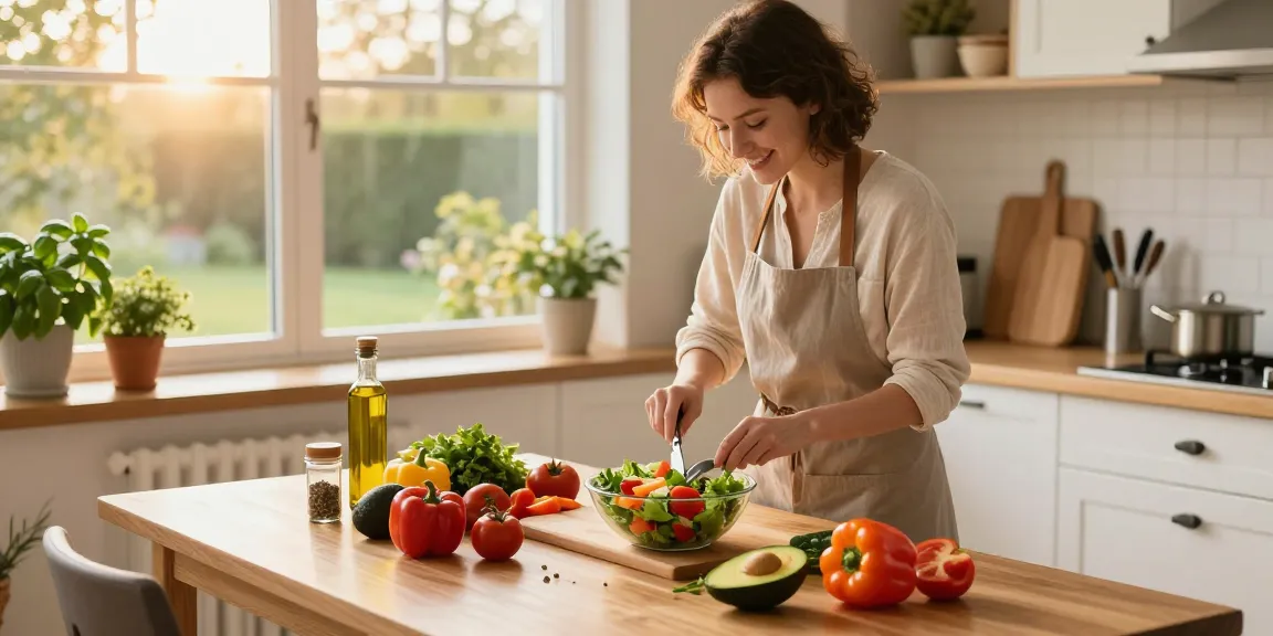 Fresh colorful salad preparation in a cozy kitchen featuring ingredients like vegetables and herbs, highlighting the keyword สล็อต for engaging cooking content.