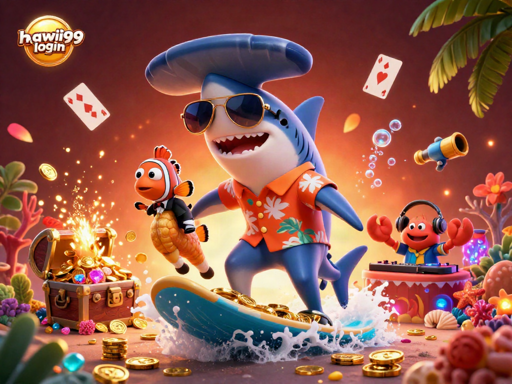 Experience the excitement of hawai99 login with a vibrant underwater casino scene featuring lively characters and gold coins.