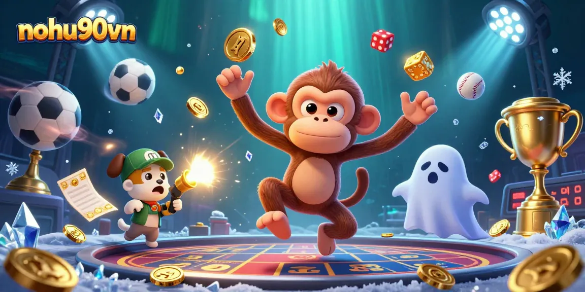 Nohu90vn showcases ghostly fun in a haunted casino with a mischievous monkey and puppy.