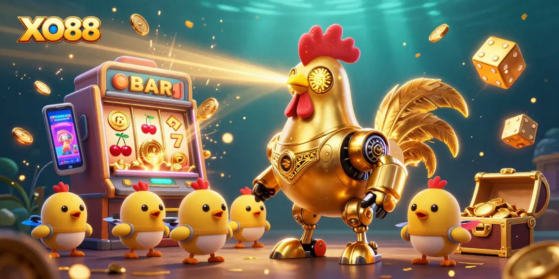 Engage with XO88's thrilling gaming experience through a dynamic 3D illustration of retro-futuristic characters and vibrant casino elements.