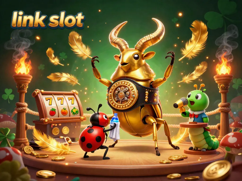 Engage with top "link slot" games featuring a golden stag beetle in a dynamic casino battle scene.