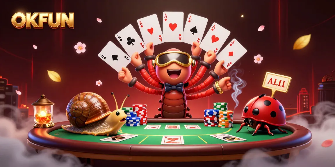 Engage with OKFUN's vibrant casino world, featuring a cartoon dealer, chip stacks, and dynamic gameplay.