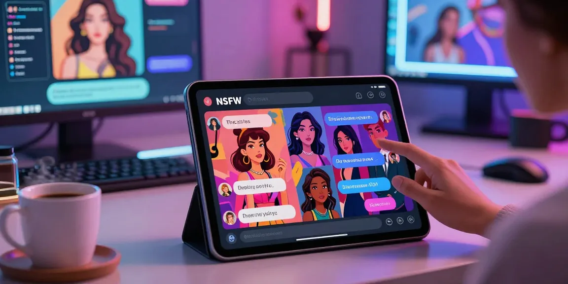 AI chat NSFW interaction in a modern workspace with diverse character displays and user engagement