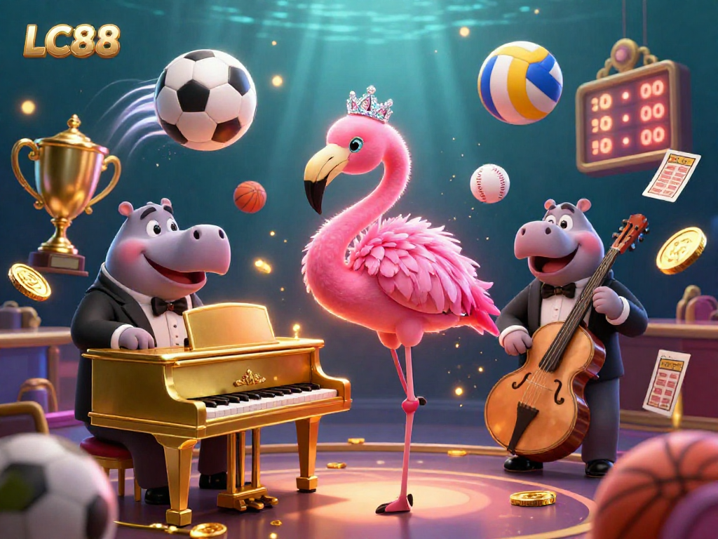 Engage in the vibrant world of LC88 gaming with a dynamic casino scene featuring a flamingo singer and a hippo bassist.