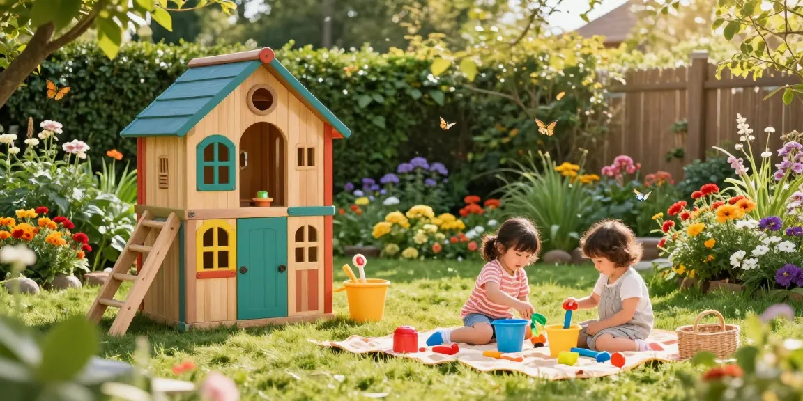 Vibrant garden play houses with children enjoying outdoor playtime.