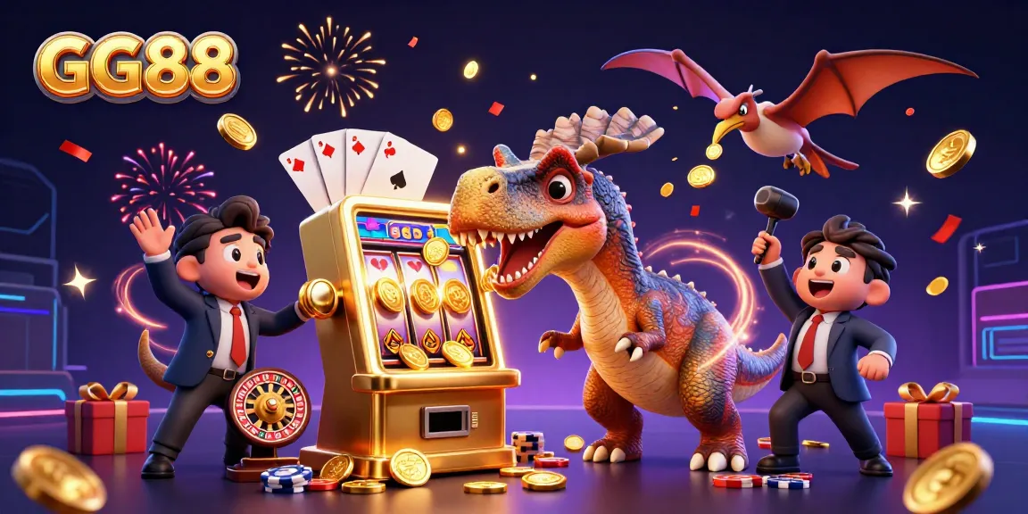 Experience GG88's thrilling jackpots with cartoon dinosaurs in a lively casino scene.