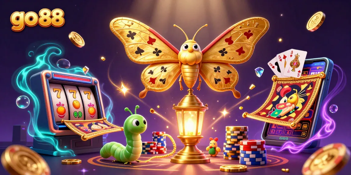 Win big at go 88 styled casino with vibrant 3D illustrations of moth and slot machine action.