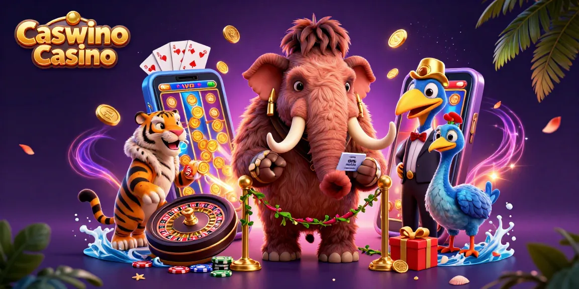 Experience excitement at Caswino Casino with vibrant games and entertaining characters in a bustling casino scene.