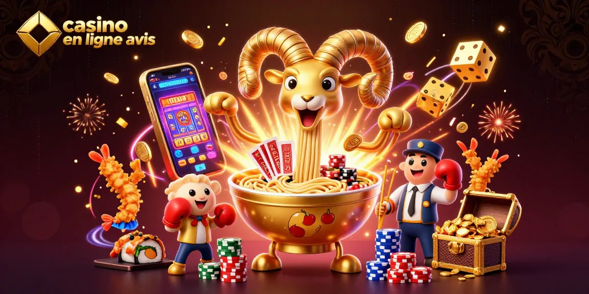 Illustration de casino en ligne avis avec des personnages de jeu animés et un jackpot spectaculaire.