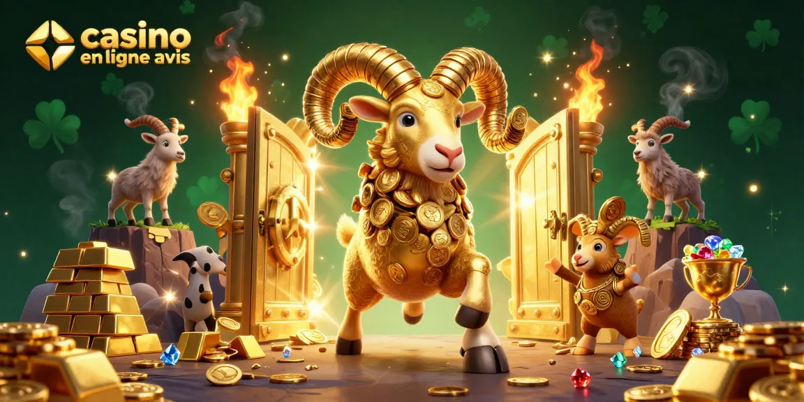 Analysez le casino en ligne avis avec un visuel captivant de ram doré et d'éléments de jeu.