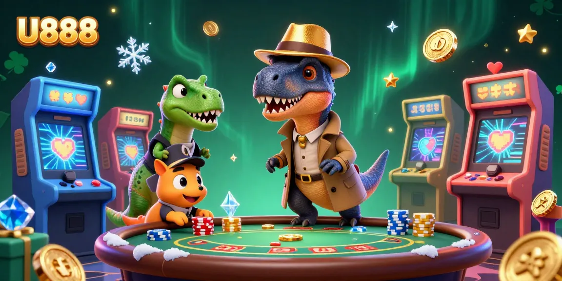 U888 velociraptor card counter plays blackjack, surrounded by colorful gaming elements, in a lively casino.
