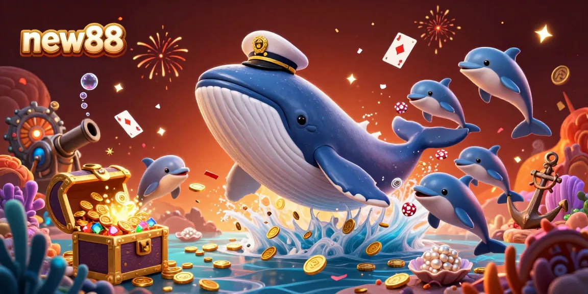 Experience exciting gameplay with new88 as playful dolphins perform tricks amidst gold coins.