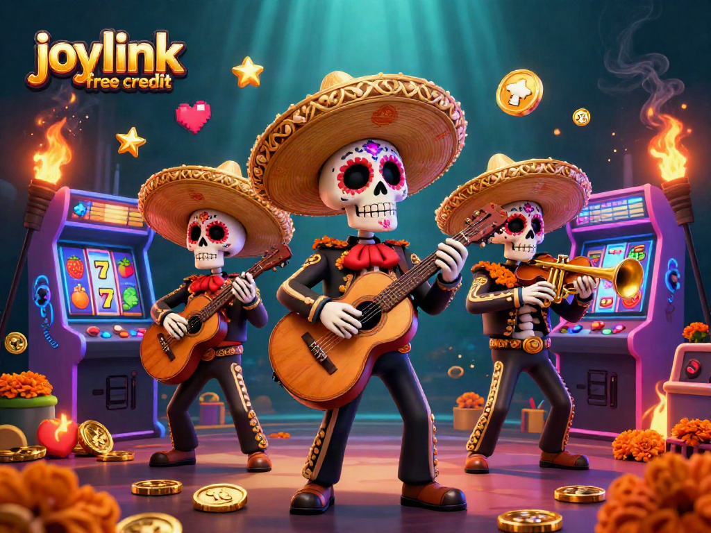 Engage with joylink free credit through a vibrant 3D mariachi scene featuring arcade and slot elements.