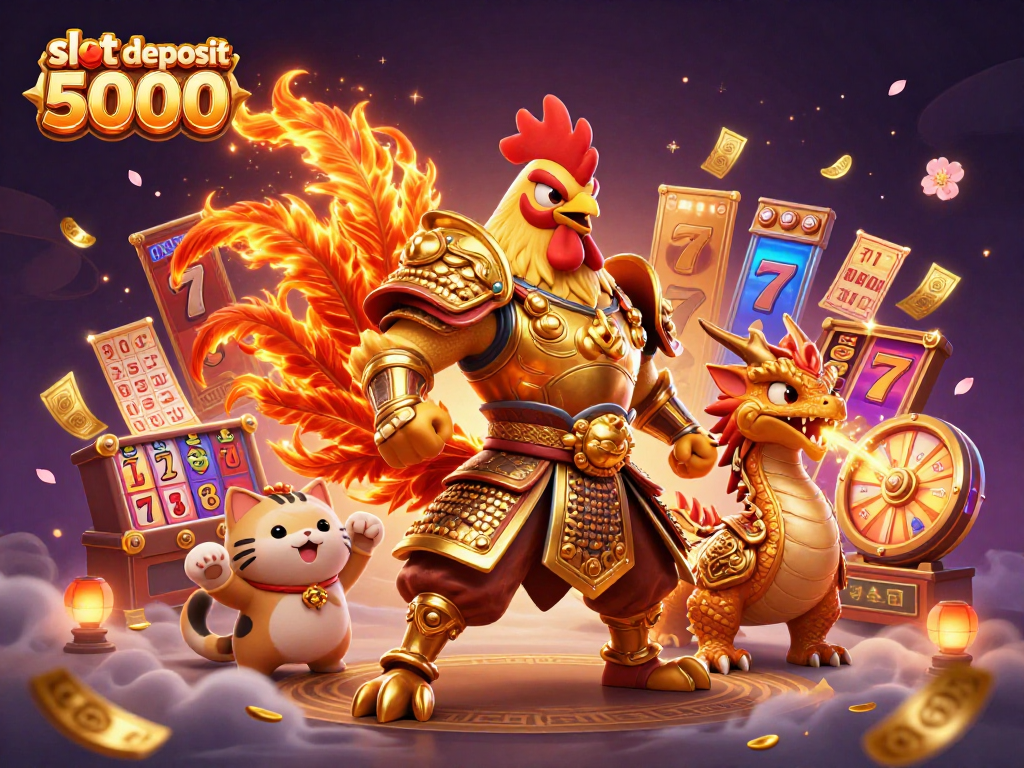 Experience the excitement of slot deposit 5000 with an illustrated scene featuring a warrior rooster, dragon, and casino elements.