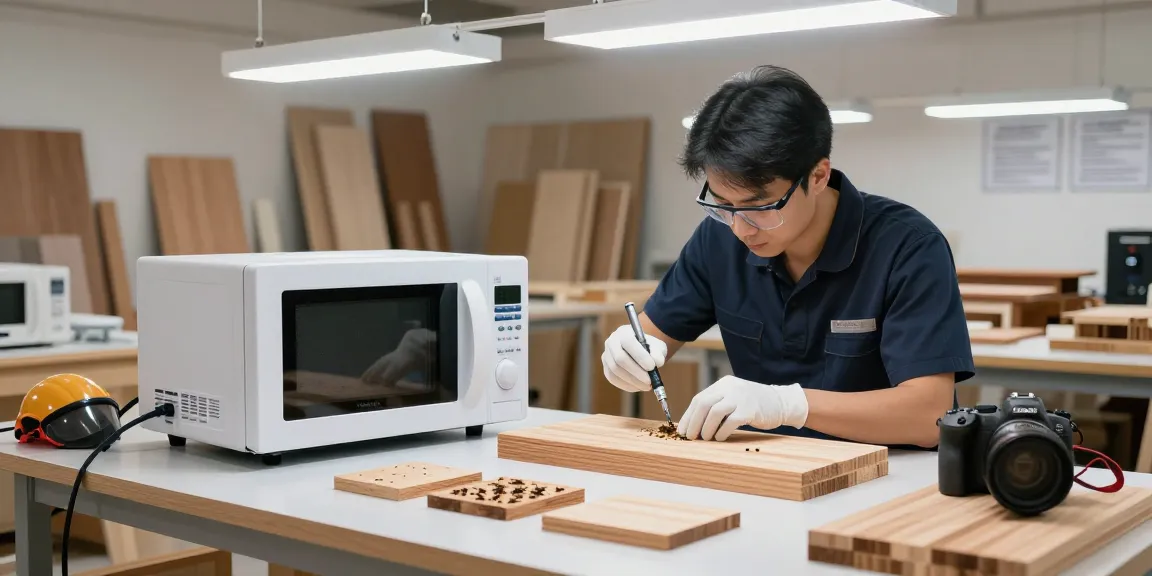 Shashel microwave technology in action for chemical-free wood insect elimination in workshop.
