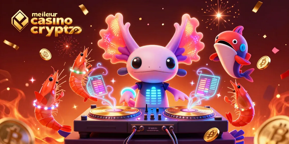 Découvrez le meilleur casino crypto avec un axolotl DJ vibrant et des éléments de jeu en crypto-monnaie.