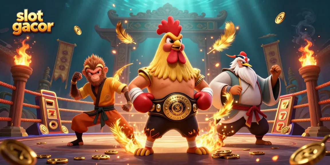 Slot gacor dengan karakter ayam Muay Thai dan monyet Shaolin berjuang di arena judi.