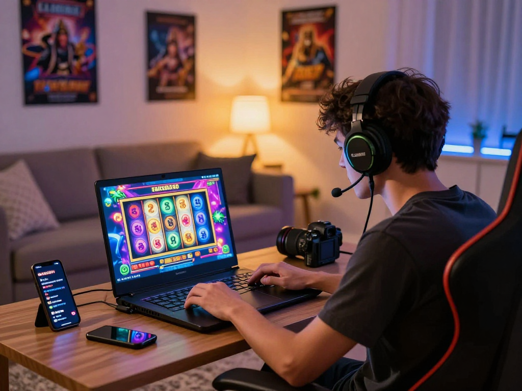 Player enjoying gacor online slots in a modern gaming setup with vibrant visuals and cozy ambiance.