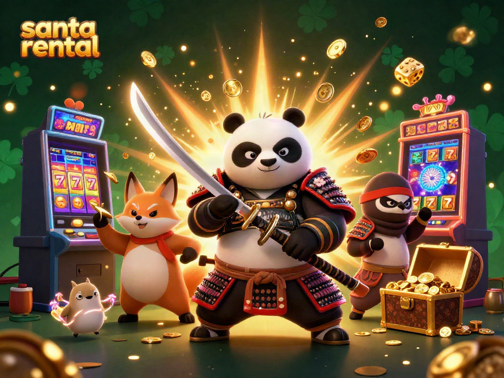Experience festive excitement with a vibrant santa rental scene featuring cartoon characters in a dynamic casino atmosphere.