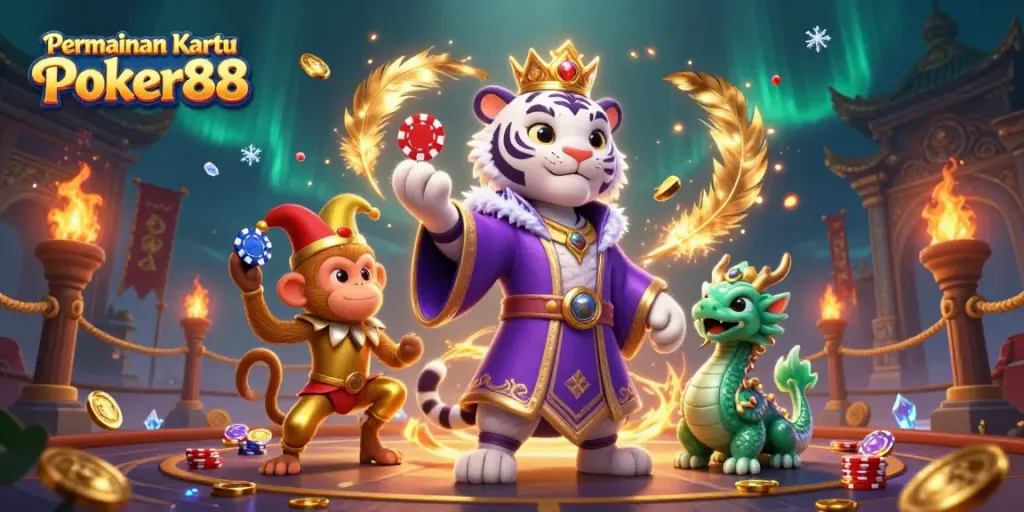 Experience thrilling action with Permainan Kartu Poker88, featuring vibrant characters amid a dynamic poker scene.