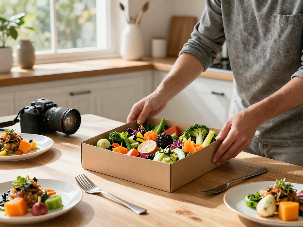 Elegant food box preparation featuring gourmet meals showcasing culinary skills in a vibrant kitchen setting with fresh ingredients and natural light.