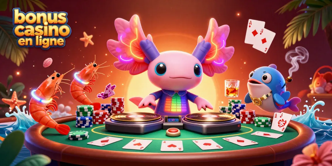Vivez l'excitation des jeux avec le bonus casino en ligne, où un DJ axolotl anime une scène de poker colorée.