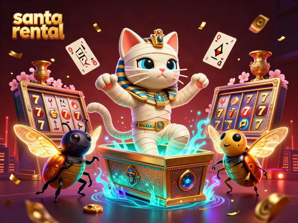 Experience the excitement of santa rental games with a lively 3D pyramid casino scene featuring engaging characters and gambling elements.