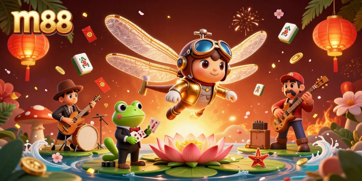 Experience thrilling games at M88 with the dragonfly pilot and frog croupier in this vibrant casino illustration.
