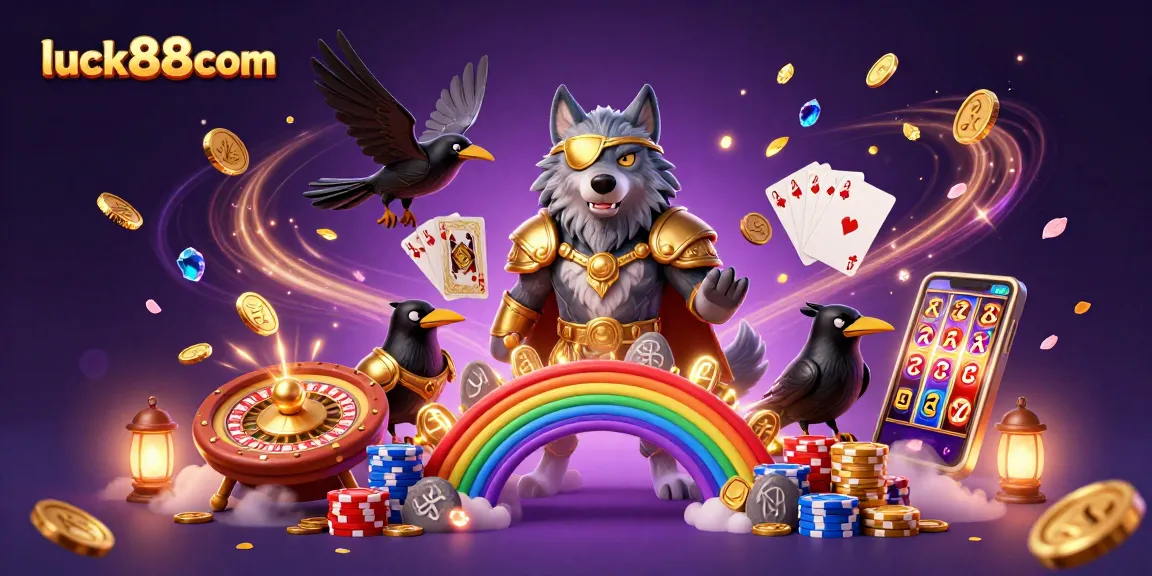 Experience excitement at luck88com with a vibrant 3D illustration of Odin wolf and ravens amid casino treasures.