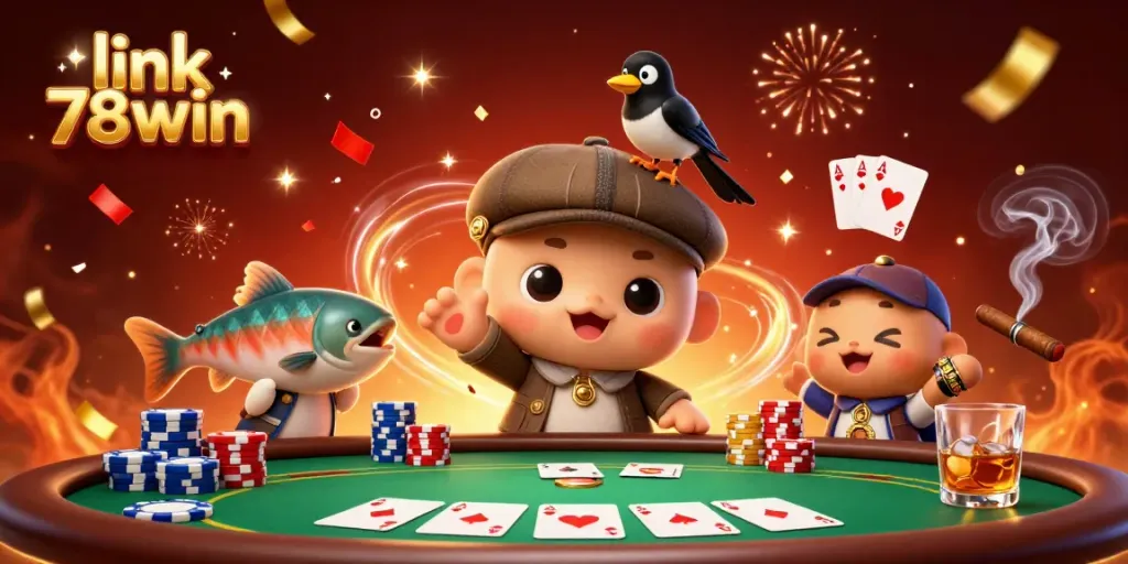 Engage with the thrilling scene of link 78win featuring Nessie, a playful magpie, and poker elements in vibrant colors.
