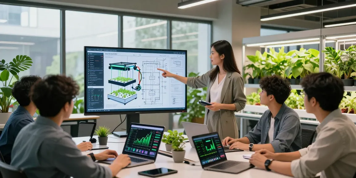 Innovative indoor agriculture team discussing CIKA4D link projects in a bright, modern office.