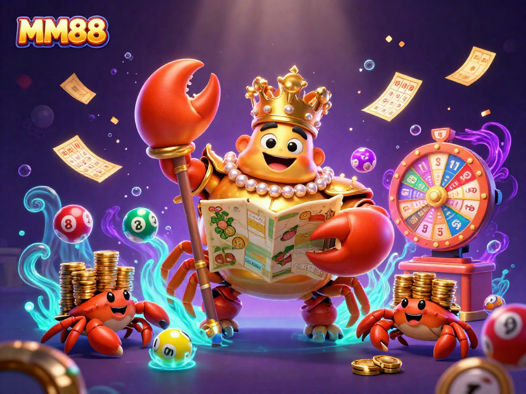 Experience thrilling games at MM88 with a dynamic 3D illustration showcasing vibrant lottery elements.
