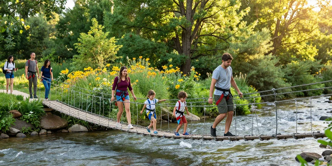 Family joyfully crossing a River Rope Bridge surrounded by nature.